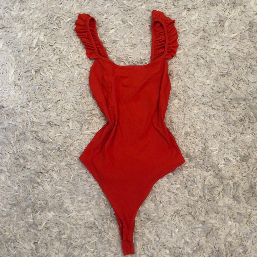 orangey-red, ruffle detail bodysuit
